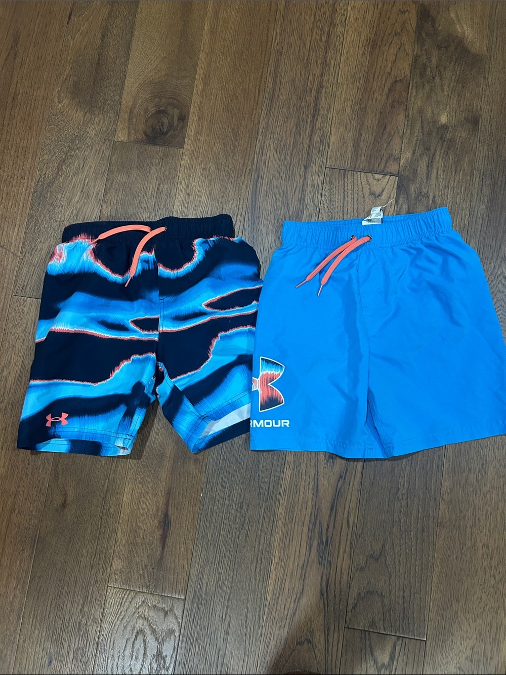 Under Armour Kids' Blue Swim Shorts with Turquoise Pattern & Coral Accents